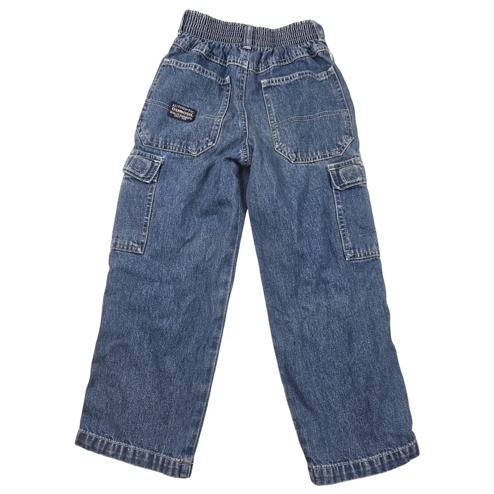 Vintage OshKosh Bgosh Boys Blue Denim Cargo Jeans Size 6 90s Side Stripe Pockets